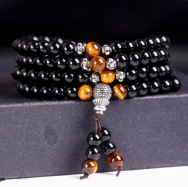 108 Mala Beads Bracelet – Obsidian & Tiger Eye for Wealth & Protection