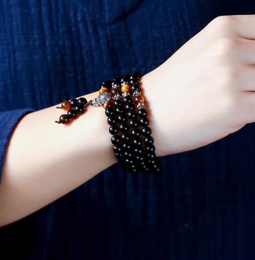 108 Mala Beads Bracelet – Obsidian & Tiger Eye for Wealth & Protection