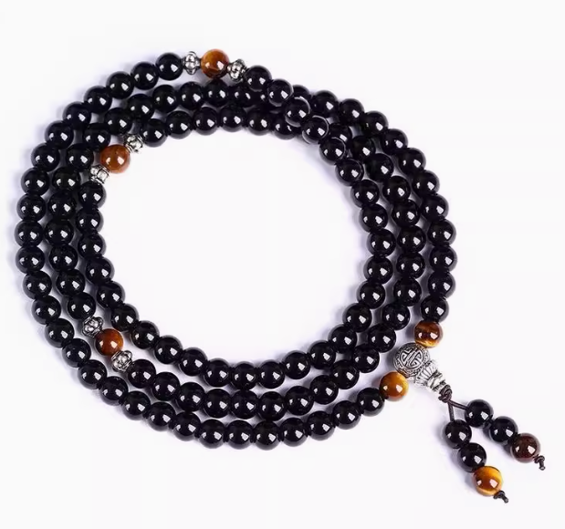 108 Mala Beads Bracelet – Obsidian & Tiger Eye for Wealth & Protection