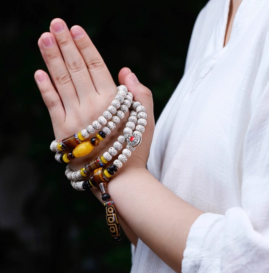 108 ZhengYue Star-Moon Bodhi Mala – Tibetan-Style with Dzi Bead For Peace & Health