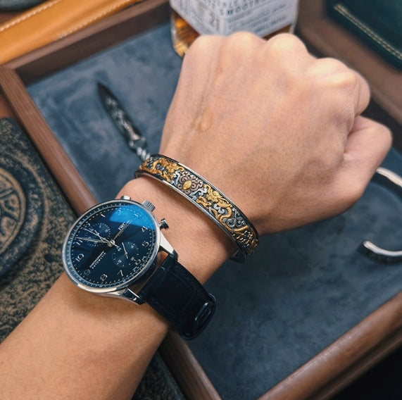 National ICH Ancient Iron – Twin Dragons Bracelet – 24K Gold & Meteorite, for Wealth & Blessings