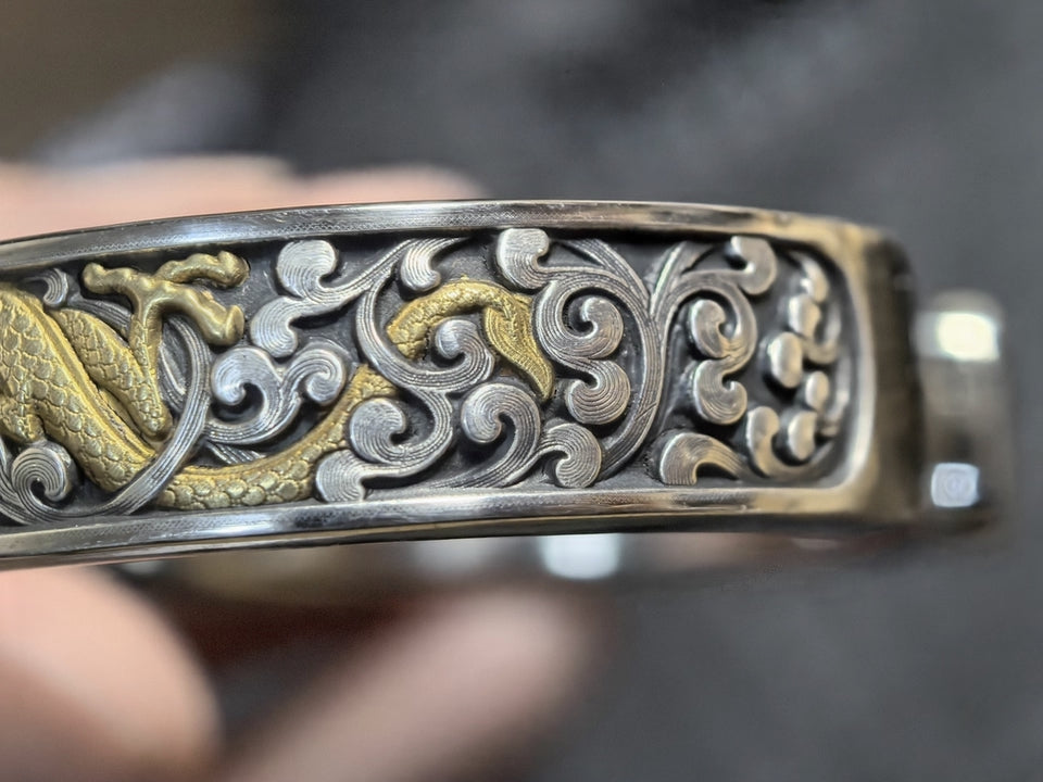 National ICH Ancient Iron – Twin Dragons Bracelet – 24K Gold & Meteorite, for Wealth & Blessings