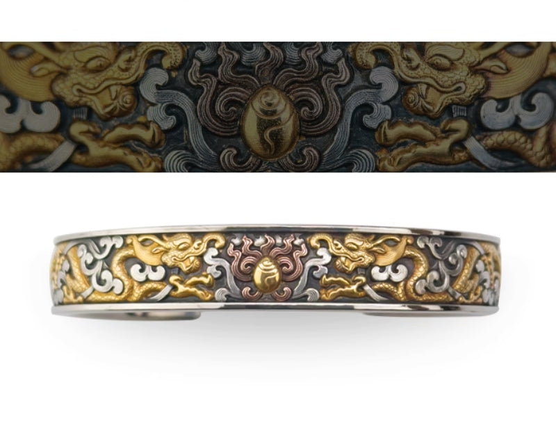 National ICH Ancient Iron – Twin Dragons Bracelet – 24K Gold & Meteorite, for Wealth & Blessings