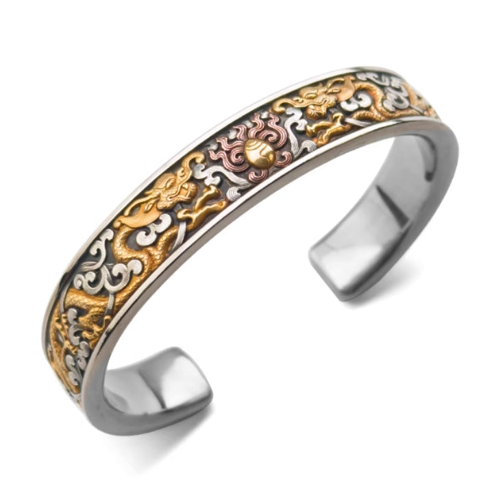 National ICH Ancient Iron – Twin Dragons Bracelet – 24K Gold & Meteorite, for Wealth & Blessings