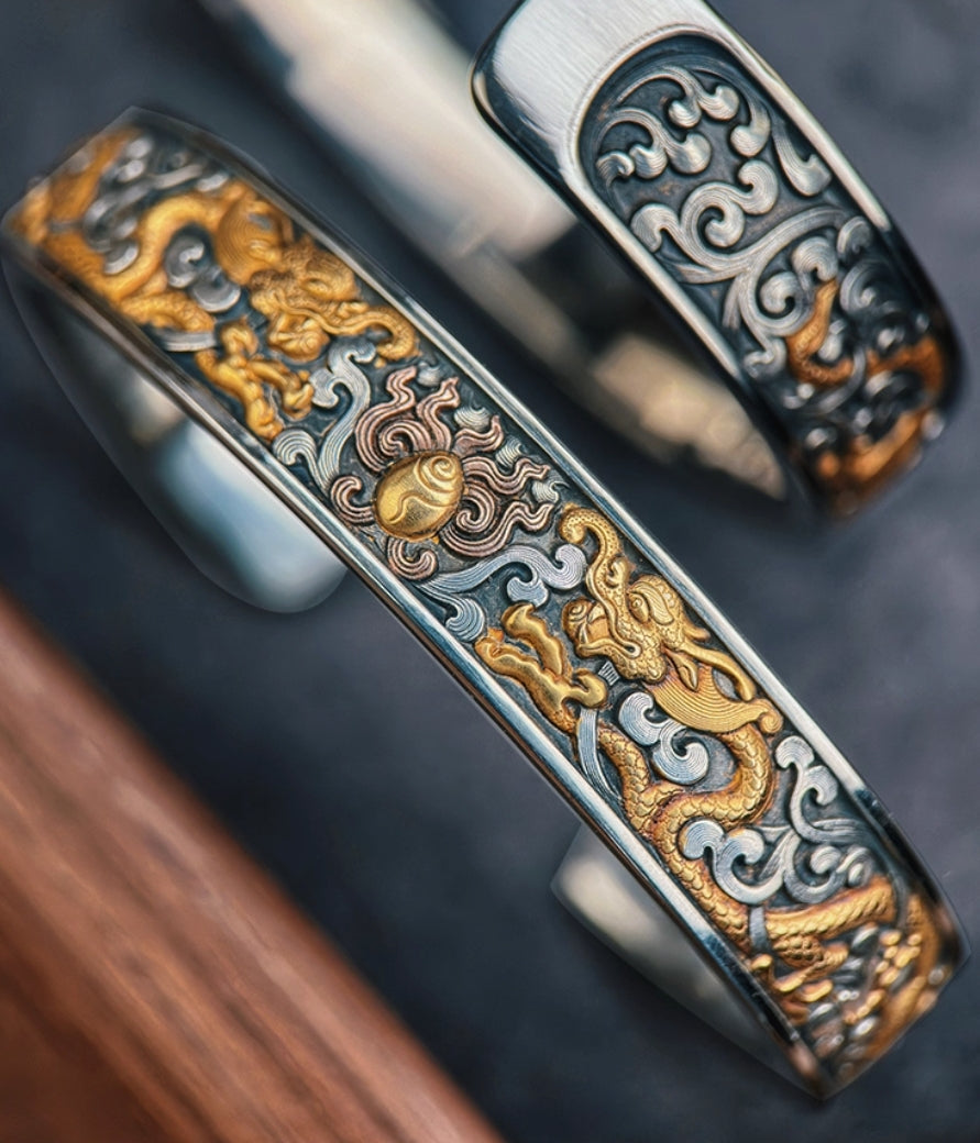 National ICH Ancient Iron – Twin Dragons Bracelet – 24K Gold & Meteorite, for Wealth & Blessings