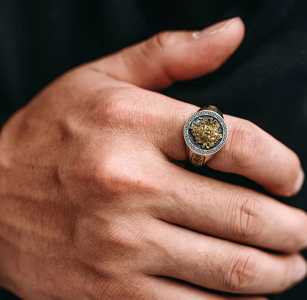 Men’s Yellow Jambhala Ring — 925 Sterling Silver, Tibetan Symbol of Wealth & Blessings