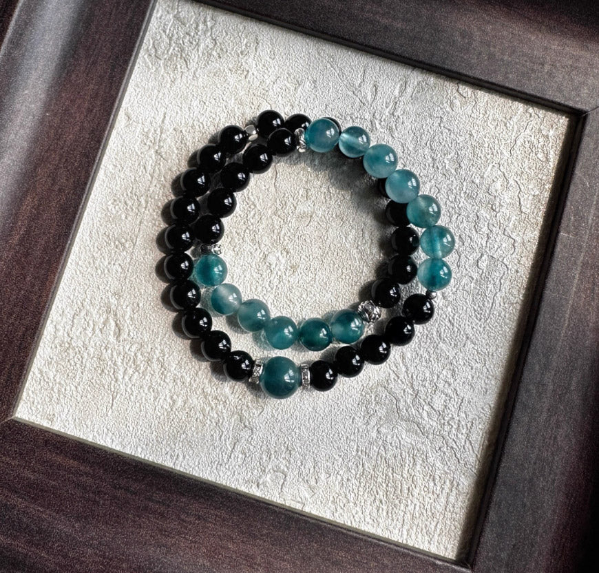 Midnight Obsidian & Ocean Blue Quartzite Double-Wrap Bracelet