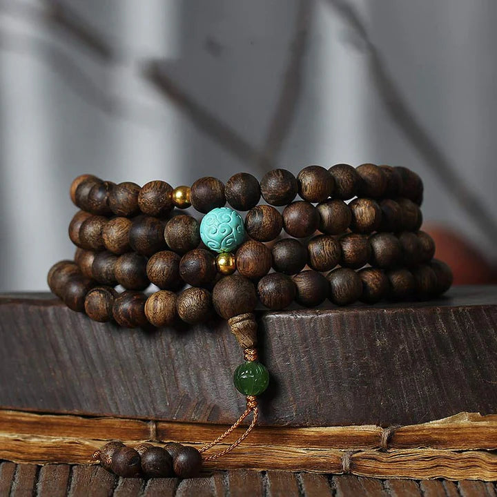 108 Mala Beads Nha Trang Agarwood Turquoise Prayer Meditation Bracelet Mala