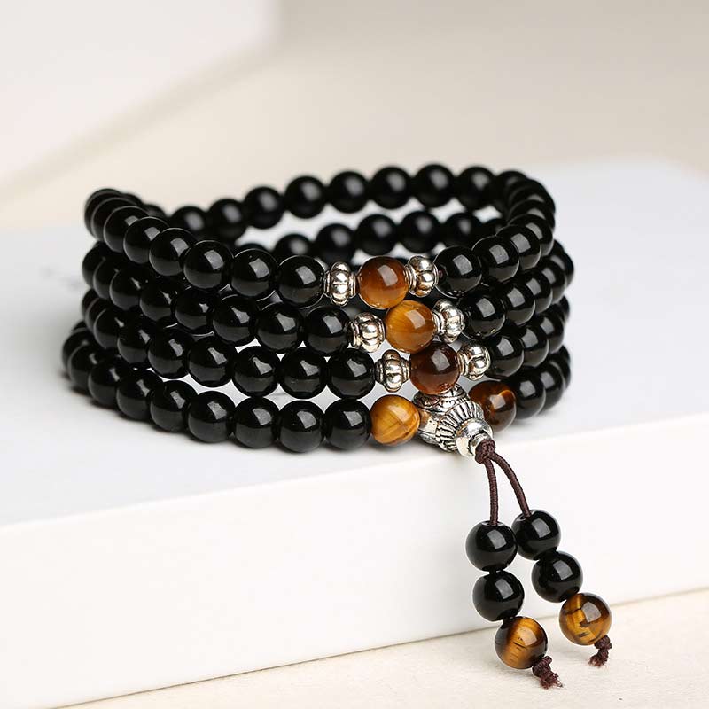 108 Mala Beads Bracelet – Obsidian & Tiger Eye for Wealth & Protection