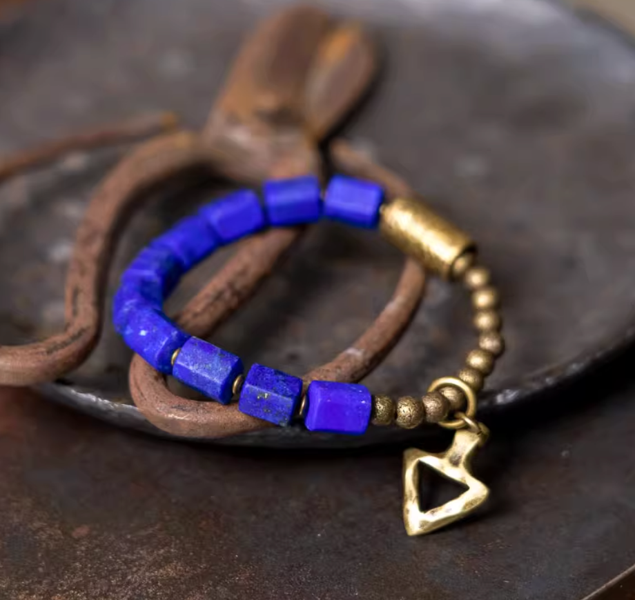Geometric Lapis Lazuli & Brass Arrowhead Bracelet