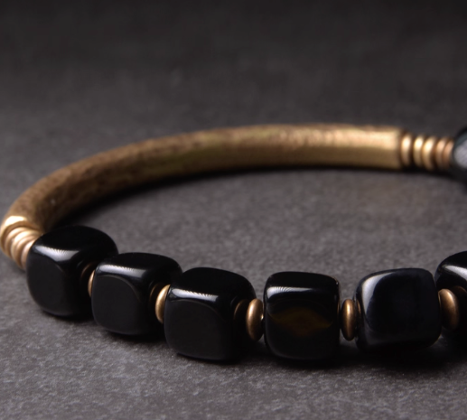 Geometric Obsidian & Hammered Brass Bar Bracelet