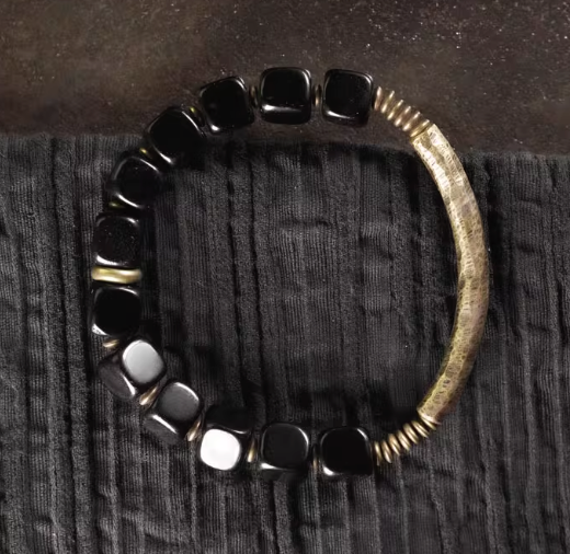 Geometric Obsidian & Hammered Brass Bar Bracelet