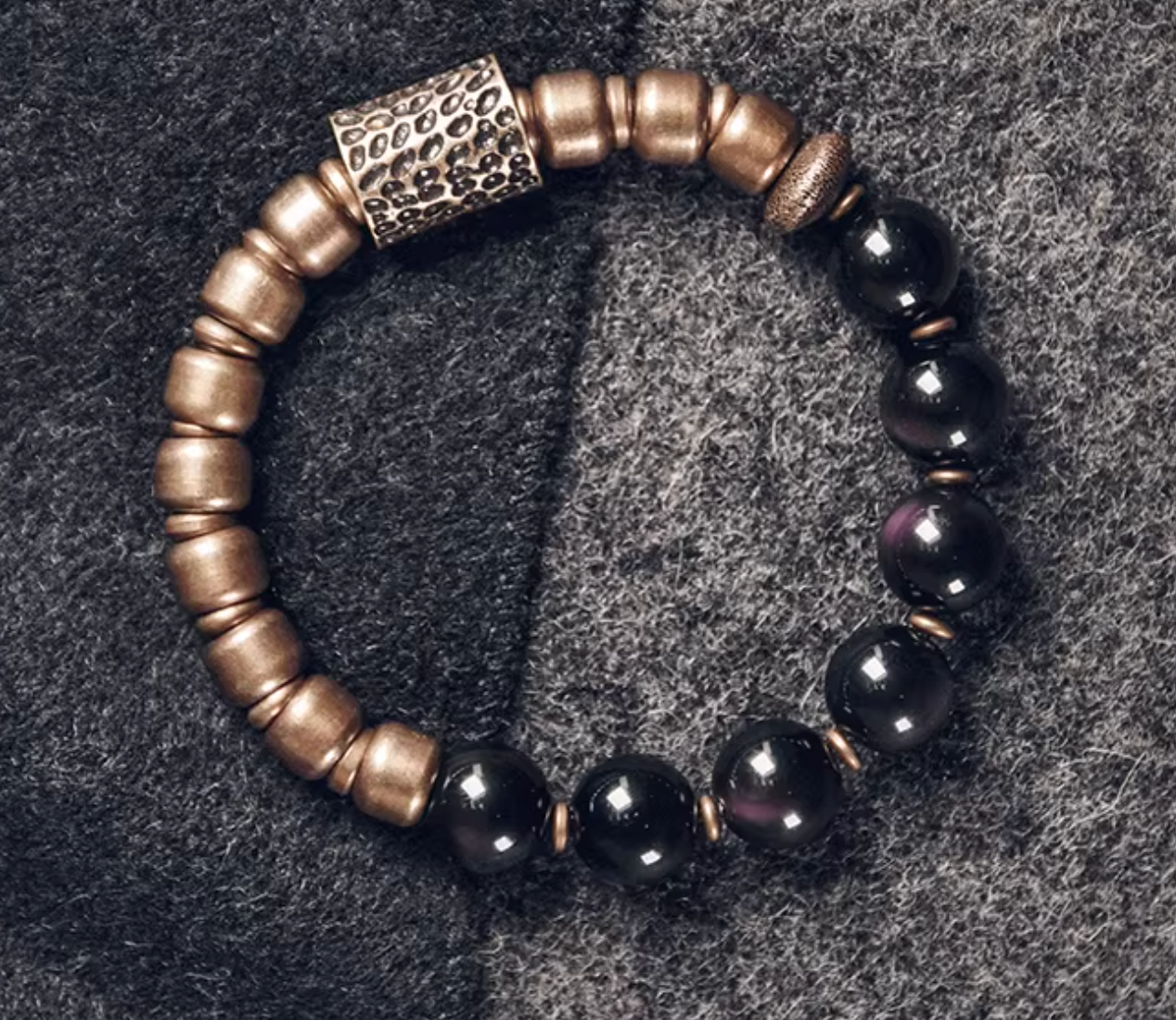 Obsidian & Antique Brass Dual-Tone Bracelet