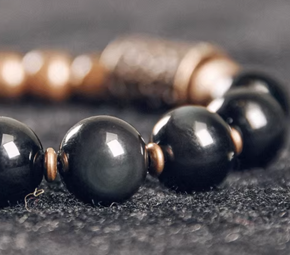Obsidian & Antique Brass Dual-Tone Bracelet