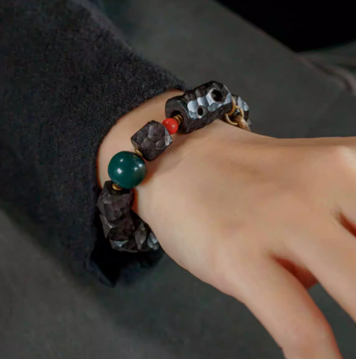 Hand-Hewn Ebony & Green Agate Zen Bracelet