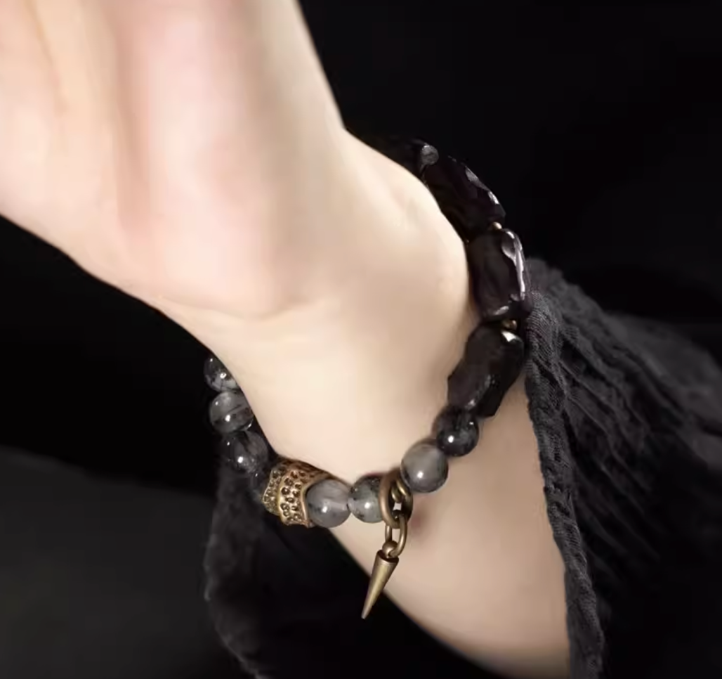 Black Rutilated Quartz & Faceted Ebony Spike Bracelet