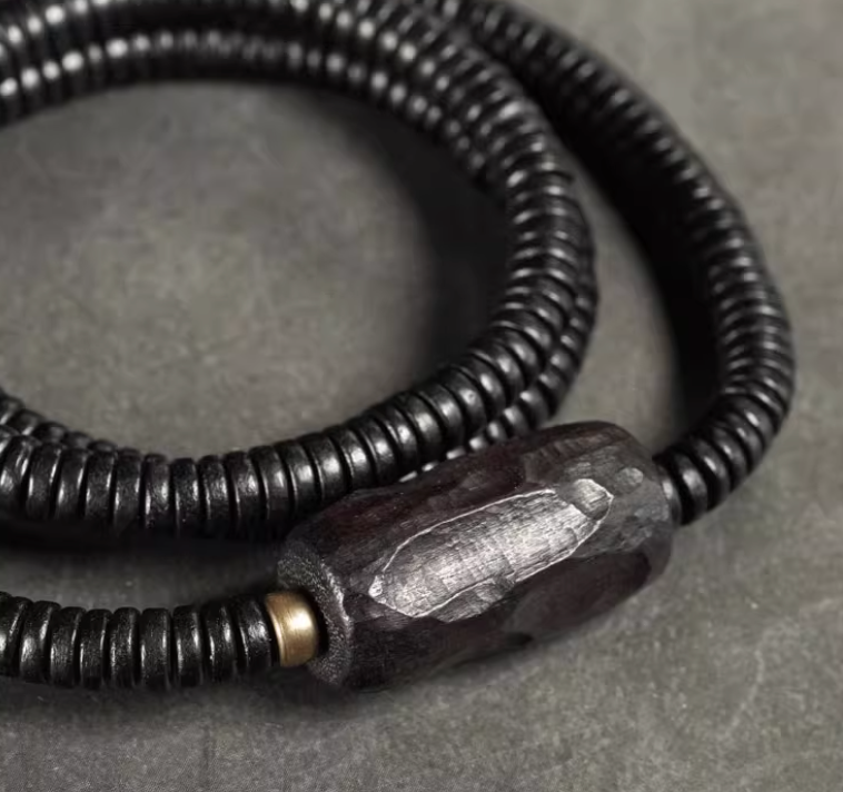 Rustic Ebony Disc & Hand-Hewn Wood Bracelet