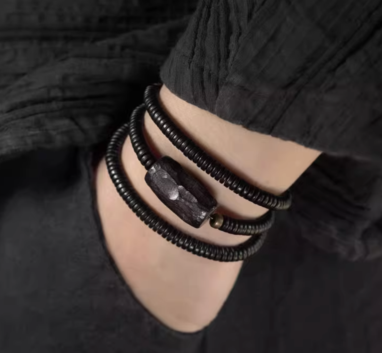 Rustic Ebony Disc & Hand-Hewn Wood Bracelet