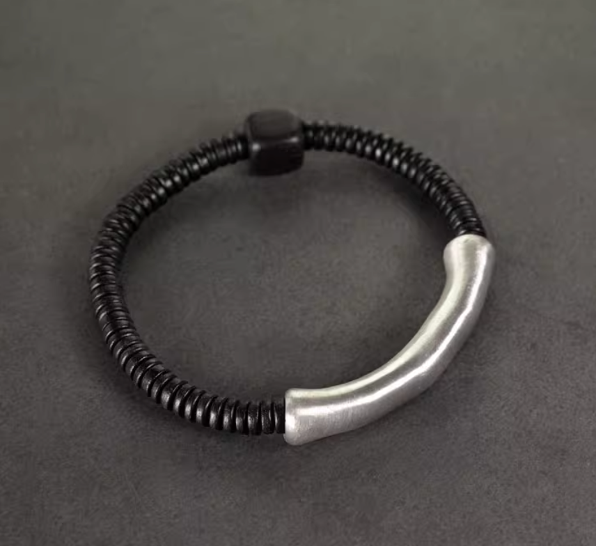 Ebony Disc & Matte Silver Curve Bracelet