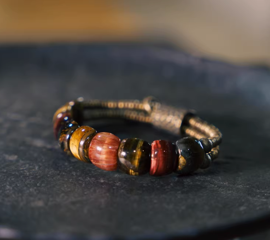 Multicolor Tiger's Eye & Coiled Brass Cylinder Bracelet