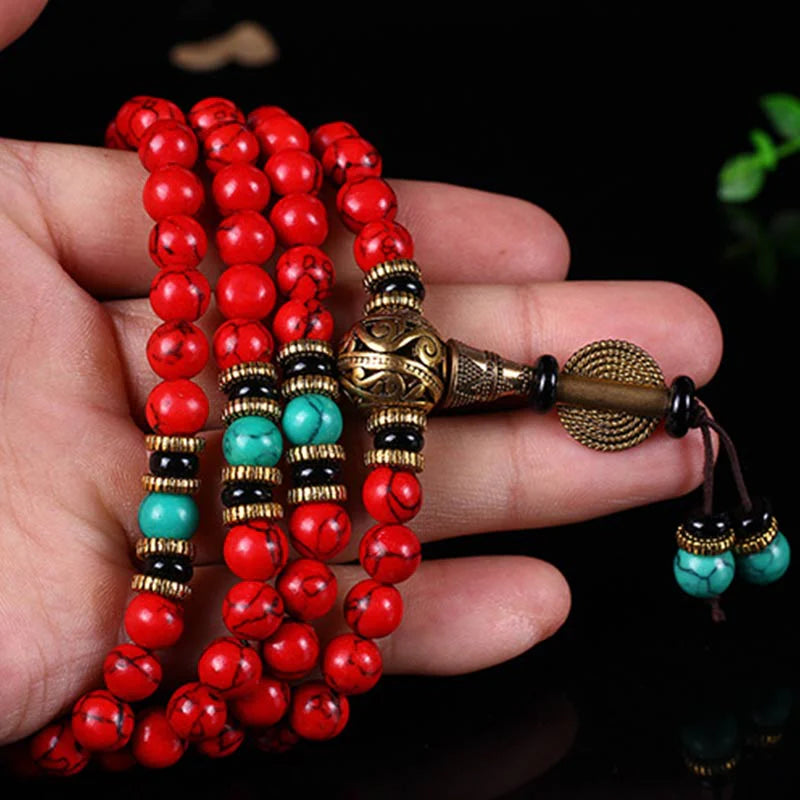 Blessed Tibetan Red Turquoise Mala – Wearable Prayer for Luck & Inner Harmony
