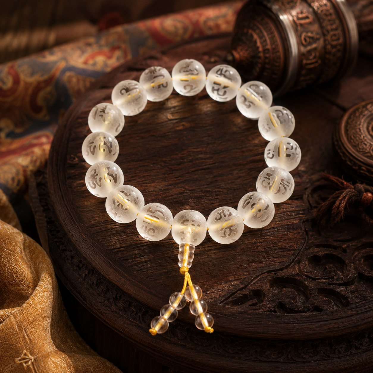 Clarity & Protection Bracelet – White Crystal, Black Onyx & Om Mani Padme Hum