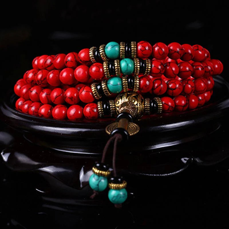 Blessed Tibetan Red Turquoise Mala – Wearable Prayer for Luck & Inner Harmony