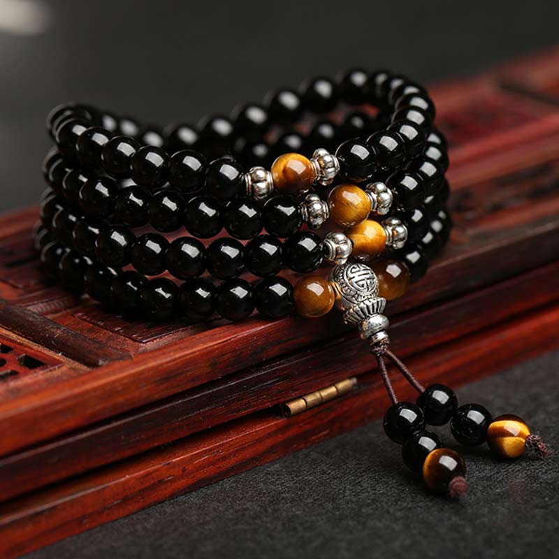 108 Mala Beads Bracelet – Obsidian & Tiger Eye for Wealth & Protection